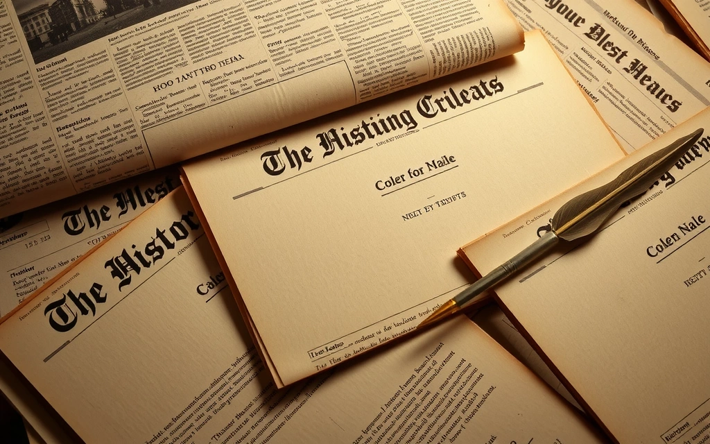 Archivio storico di giornali e documenti, con una penna d'oca e inchiostro, in stile vintage