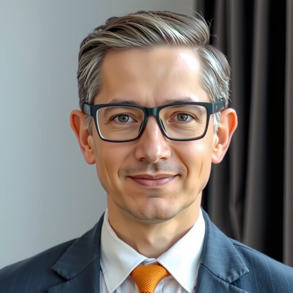 Ritratto di un economista di mezza età con occhiali e un sorriso amichevole