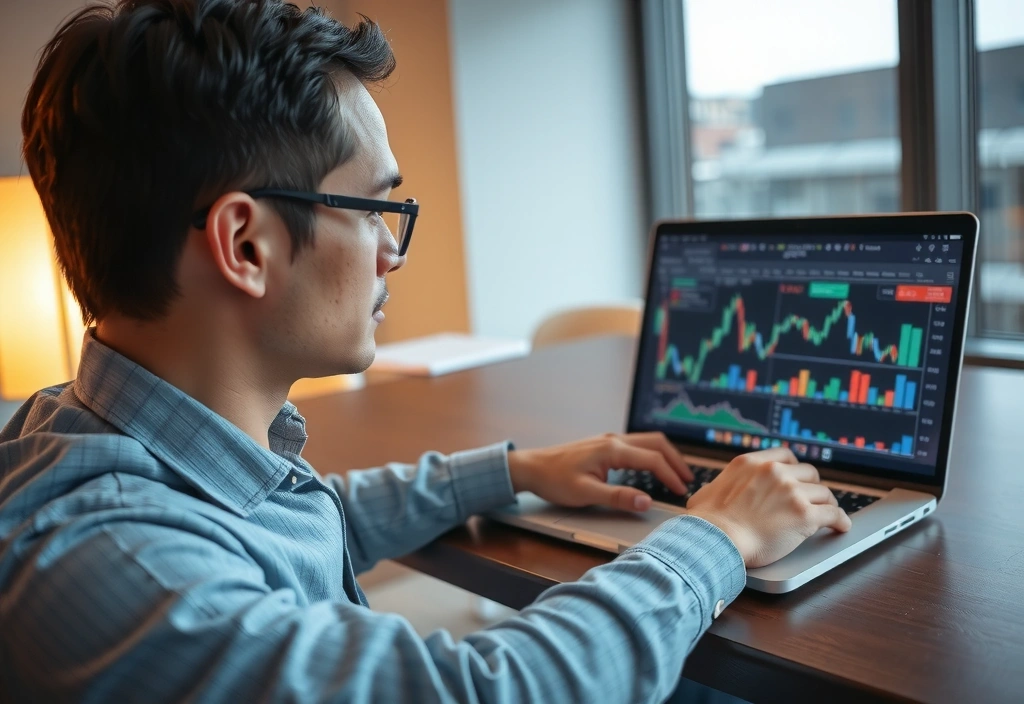 Uomo d'affari che lavora su un laptop con dati finanziari sullo schermo