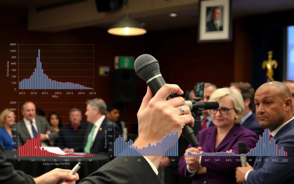 Mano che tiene un microfono durante una conferenza stampa politica, con un effetto di trasparenza e sovrapposizione di grafici e dati.