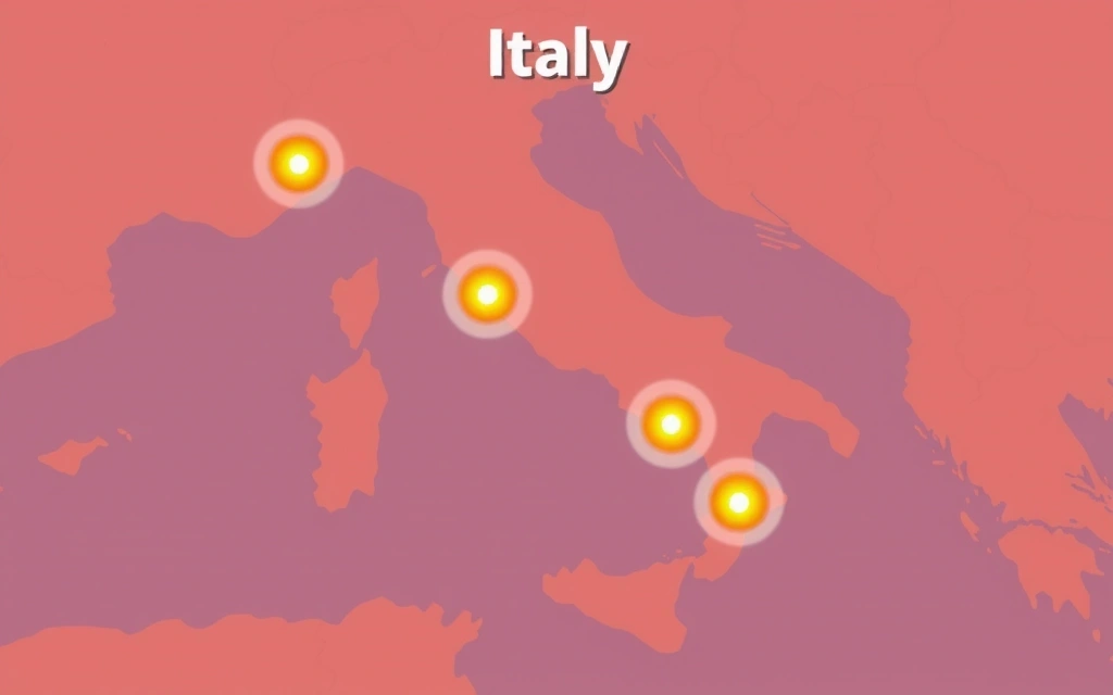 Mappa stilizzata dell'Italia con punti luminosi che rappresentano centri di potere politico e flussi di discussione, con un'enfasi sulle regioni Adriatiche.